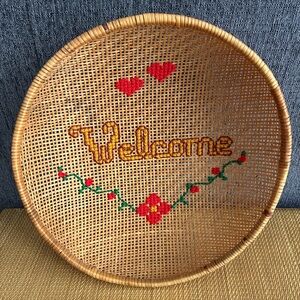 Vintage Welcome Basket Flowers Hearts Needlepoint Cane Bowl Decor